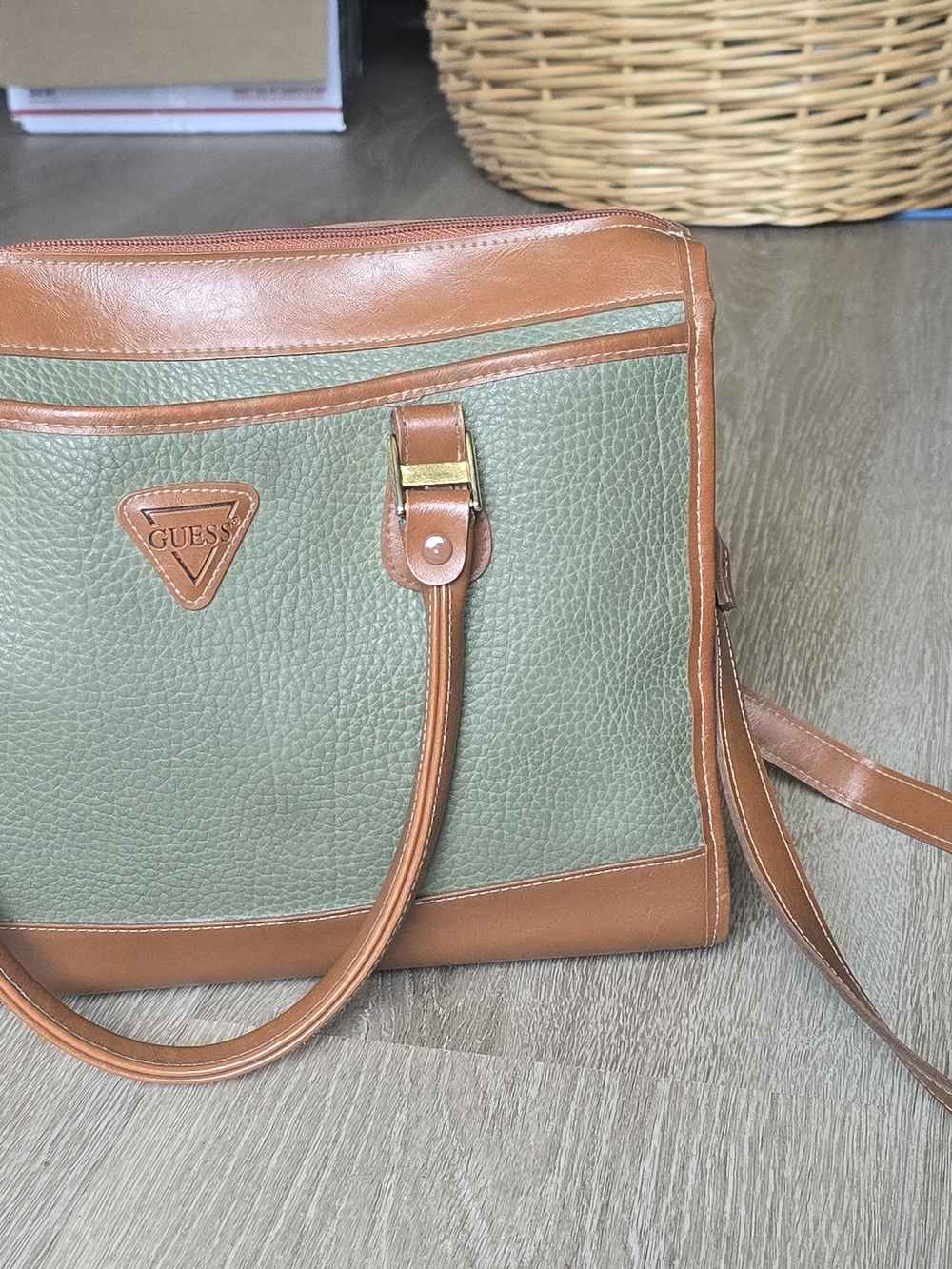Vintage GUESS Army Green and Brown Leather Bag